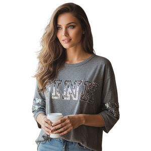 PINK Victoria's Secret T-Shirt Women XS Gray Sequin Logo Bling 3/4 Sleeve Casual